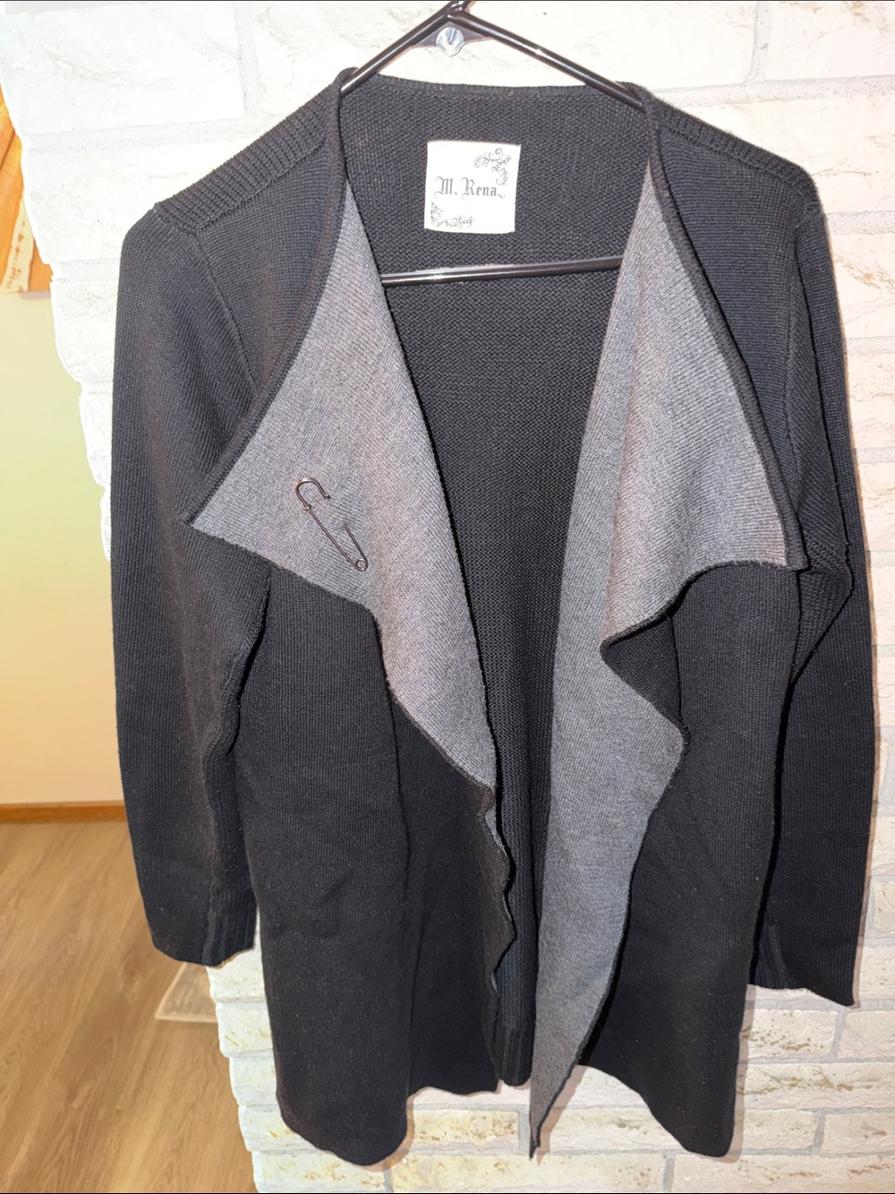 M. Rena Black and Gray Open-Front Cardigan With Broach Pin Sz Medium